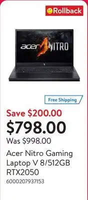 Walmart Acer Nitro Gaming Laptop V 8/512GB RTX2050 offer