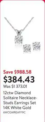 Walmart 12ctw Diamond Solitaire Necklace-Studs Earrings Set 14K White Gold offer