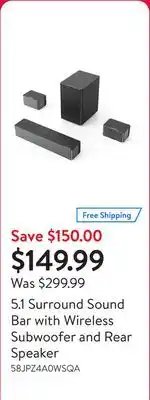 Walmart 5.1 Surround Sound Bar with Wireless Subwoofer and Rear Speaker offer