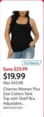 Walmart Charmo Women Plus Size Cotton Tank Top with Shelf Bra Adjustable Basic Undershirt |X-5X| offer