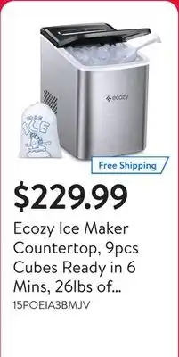 Walmart Ecozy Ice Maker Countertop, 9pcs Cubes Ready in 6 Mins, 26lbs of ice in 24 hours,Self-Cleaning, Noise reduction with Ice Bags offer