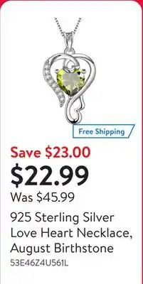 Walmart 925 Sterling Silver Love Heart Necklace, August Birthstone offer