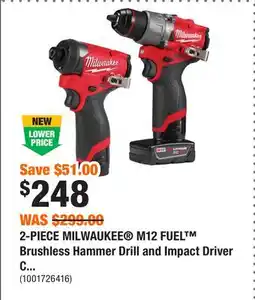 Home Depot 2-PIECE MILWAUKEE M12 FUEL Brushless Hammer Drill and Impact Driver Combo Kit • (1) 2.0Ah and (1) 4.0Ah Batteries and Charger offer