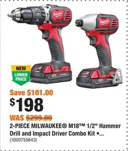Home Depot 2-PIECE MILWAUKEE M18 1/2 Hammer Drill and Impact Driver Combo Kit •(2) 1.5Ah Batteries and Charger offer