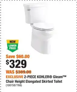 Home Depot EXCLUSIVE 2-PIECE KOHLER Gleam Chair Height Elongated Skirted Toilet offer
