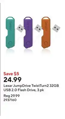 Staples Lexar JumpDrive TwistTurn2 32GB USB 2.0 Flash Drive, 3 pk offer