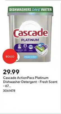 Staples Cascade ActionPacs Platinum Dishwasher Detergent - Fresh Scent - 67 Pack offer