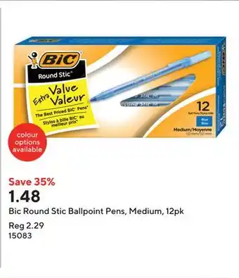 Staples Bic Round Stic Ballpoint Pens, Medium, 12pk offer