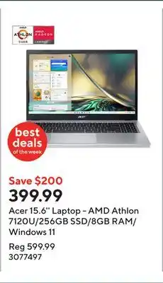Staples Acer 15.6'' Laptop - AMD Athlon 7120U/256GB SSD/8GB RAM/Windows 11 offer