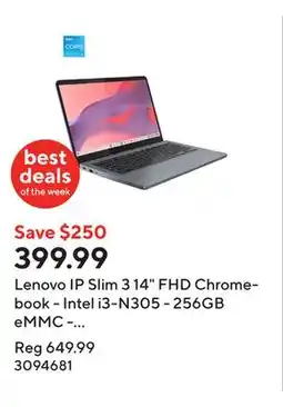 Staples Lenovo IP Slim 3 14 FHD Chromebook - Intel i3-N305 - 256GB eMMC - 8GB LPDDR5 RAM - Chrome OS - Storm Grey offer
