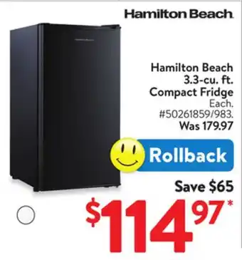Walmart Hamilton Beach 3.3-cu. ft. Compact Fridge offer