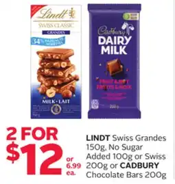 Rexall LINDT Swiss Grandes 150g, No Sugar Added 100g or Swiss 200g or CADBURY Chocolate Bars 200g offer