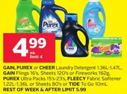 Rexall GAIN, PUREX or CHEER Laundry Detergent 1.36L-1.47L, GAIN Flings 16' s, Sheets 120' s or Fireworks 162g, PUREX Ultra Packs 15' offer