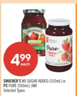 Shoppers Drug Mart SMUCKER'S NO SUGAR ADDED (310mL) or PC PURE (500mL) JAM offer