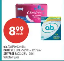 Shoppers Drug Mart o.b. TAMPONS (40's)CAREFREE LINERS (90's-120's) or STAYFREE PADS (28'S-36's) offer