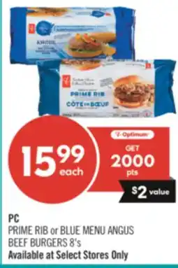 Shoppers Drug Mart PC PRIME RIB or BLUE MENU ANGUS BEEF BURGERS 8's offer