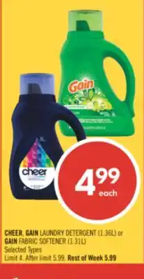 Shoppers Drug Mart CHEER, GAIN LAUNDRY DETERGENT (1.36L) or GAIN FABRIC SOFTENER (1.31L) offer