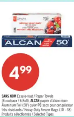 Pharmaprix NO NAME Paper Towels (6 Roll), ALCAN Aluminum Foil (50') or PC Heavy-Duty Freezer Bags (10 - 38) offer