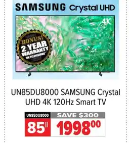 2001 Audio Video SAMSUNG 85 Crystal UHD 4K 120Hz Smart TV offer