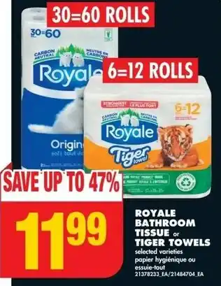 No Frills Royale bathroom tissue or tiger towels offer