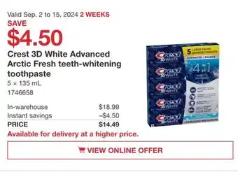 Costco Crest 3D White Advanced Arctic fresh teeth-whitening toothpaste offer