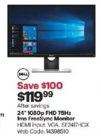 Best Buy 24" 1080p FHD 75Hz 1ms freesync monitor offer