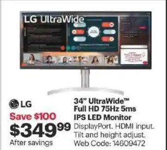 Best Buy 4" ultrawide full HD 75Hz 5ms IPS LED monitor offer