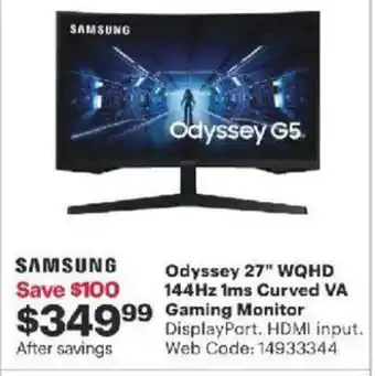 Best Buy Odyssey 27" WQHD 144Hz 1ms curved VA gaming monitor offer