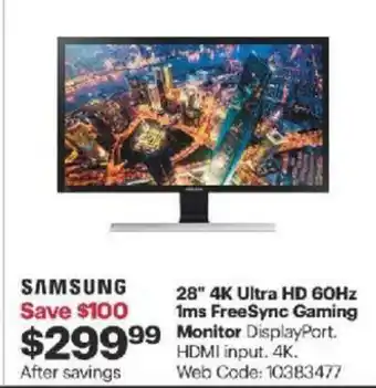 Best Buy 28" 4K ultra HD 60Hz 1ms freesync gaming monitor offer