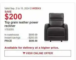 Costco Top grain leather power recliner offer