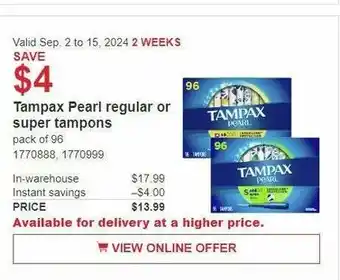 Costco Tampax Pearl regular or super tampons offer