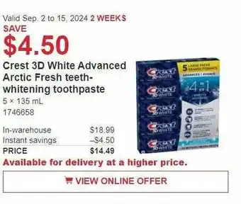 Costco Crest 3D White Advanced Arctic Fresh teeth- whitening toothpaste offer