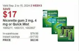 Costco Nicorette gum 2 mg, 4 mg or Quick Mist offer