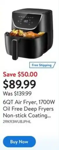 Walmart 6QT Air Fryer, 1700W Oil Free Deep Fryers Non-stick Coating offer