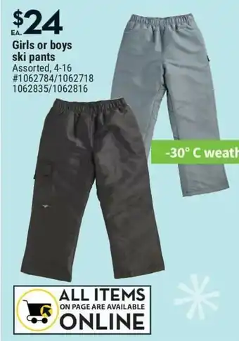 Giant Tiger Girls or Boys Ski Pants offer