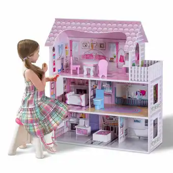 Walmart Gymax 28'' Pink Dollhouse w/ Furniture Gliding Elevator Rooms 3 Levels Young Girls Toy offer