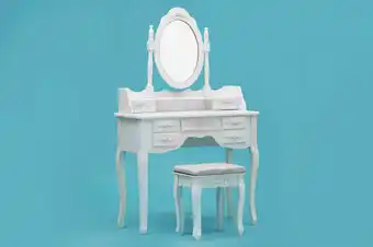 Walmart ViscoLogic Wooden Mirrored Makeup Vanity Table Set with Cushioned Stool with White Finish offer