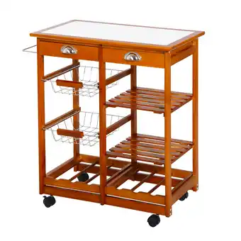 Walmart HOMCOM Wooden Rolling Kitchen Cart Tile Counter Top Utility Trolley with Towel Rack, 2 Drawers, 2 Shelves, Wire Baskets & Win offer