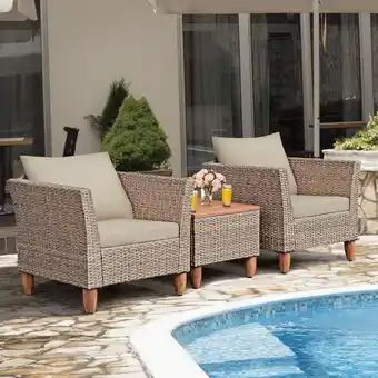 Walmart Costway 3 PCS Outdoor Patio Rattan Bistro Furniture Set Wooden Table Top Cushioned Sofa offer