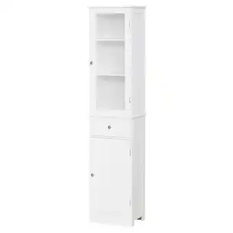 Walmart kleankin Bathroom Storage Cabinet with 3-tier Shelf Drawer Glass Door, Floor Cabinet Free Standing Linen Tower Tall Slim Side offer