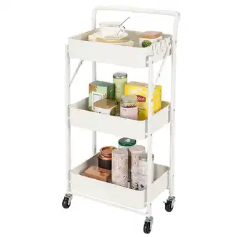 Walmart 3-Tier Foldable Rolling Utility Cart, Metal Storage Push Trolley Cart with Extra Hooks and Wheels Easy Assembly for Bathroom, offer