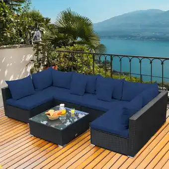 Walmart Gymax 7PCS Rattan Patio Conversation Set Sectional Furniture Set w/ Navy Cushion offer