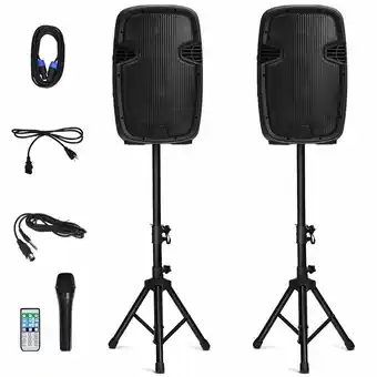 Walmart Dual 12" 2-way 1600W Powered Speakers w/ Mic Speaker Stands Cables offer