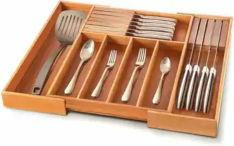 Walmart Bambusi Kitchen Storage Organizer 13 - 21 Inches Wide, 2 Inches Deep, 7 Compartments for Flatware, Knife Sets, Utensils Cutle offer