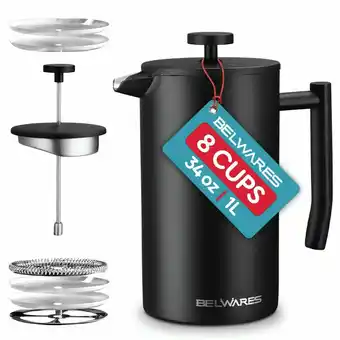 Walmart Belwares French Press Coffee Maker, Double Wall Stainless Steel with Extra Filters, 34 Oz Black offer