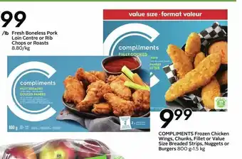 Sobeys Compliments Frozen Chicken Wings, Chunks, Fillet or Value Size Breaded Strips, Nuggets or Burgers offer