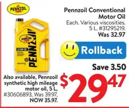 Walmart Pennzoil Conventional Motor Oil offer