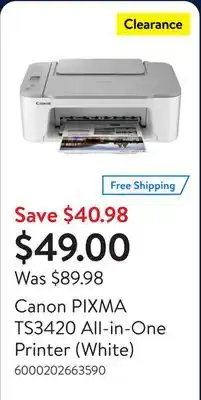 Walmart Canon PIXMA TS3420 All-in-One Printer (White) offer