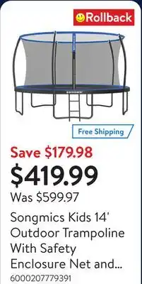 Walmart Songmics Kids 14' Outdoor Trampoline With Safety Enclosure Net and Safety Padding offer