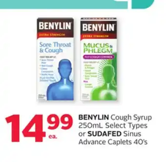 Rexall BENYLIN Cough Syrup 250mL Select Types or SUDAFED Sinus Advance Caplets 40' s offer